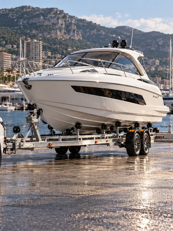 Motorboot, gesichert auf dem Bootstrailer — Royal Legacy Marine Transport