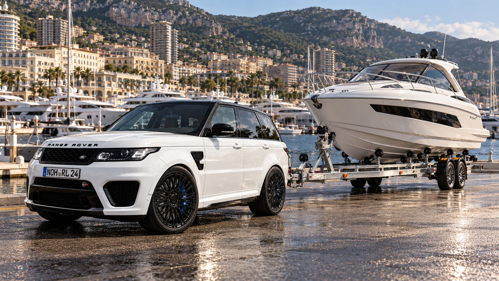 Gespann mit Motorboot auf dem Bootstrailer im Hafen an der Riviera — Royal Legacy Marine Transport