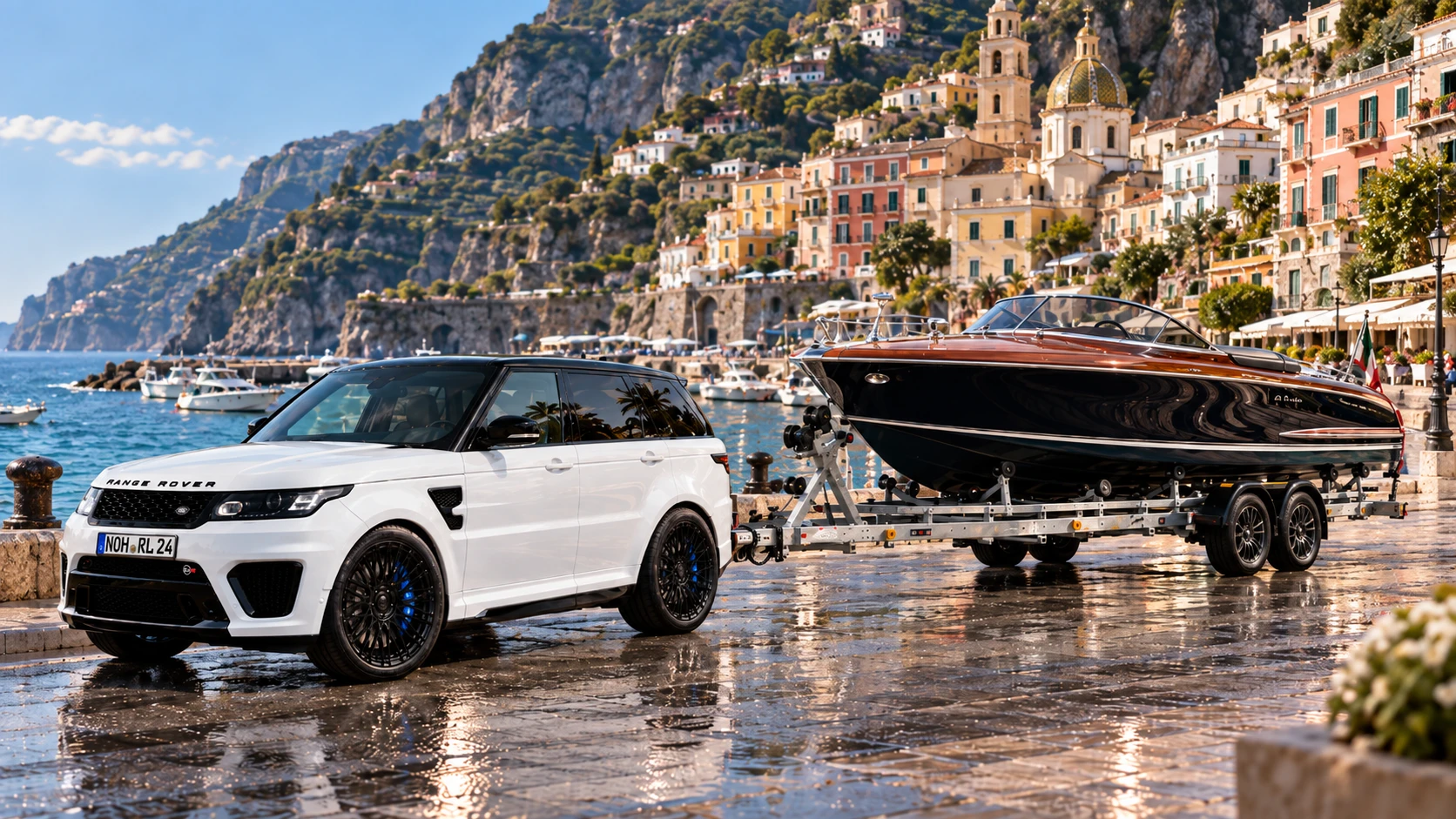 Klassisches Mahagoni-Motorboot auf dem Bootstrailer an der Küste — Royal Legacy Marine Transport