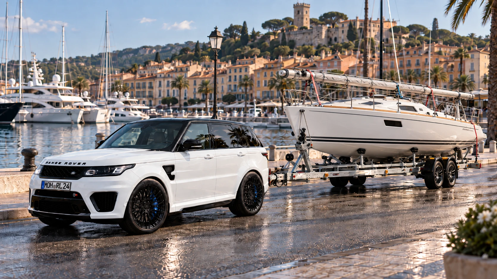 Segelboot mit gelegtem Mast, verzurrt auf dem Bootstrailer im Hafen — Royal Legacy Marine Transport